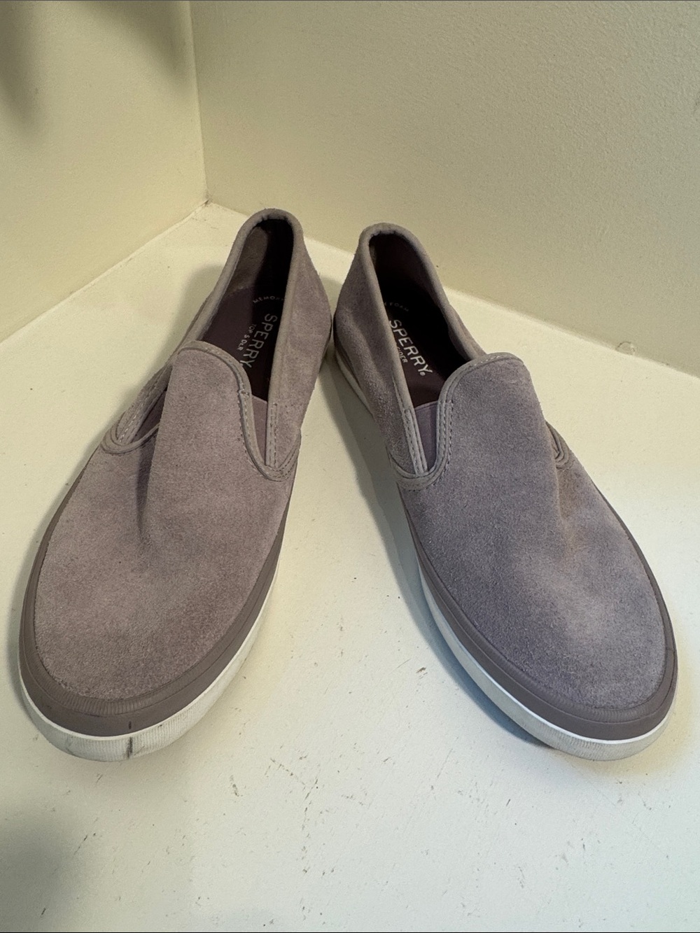 Sperry light gray slip-on suede sneakers. 9.